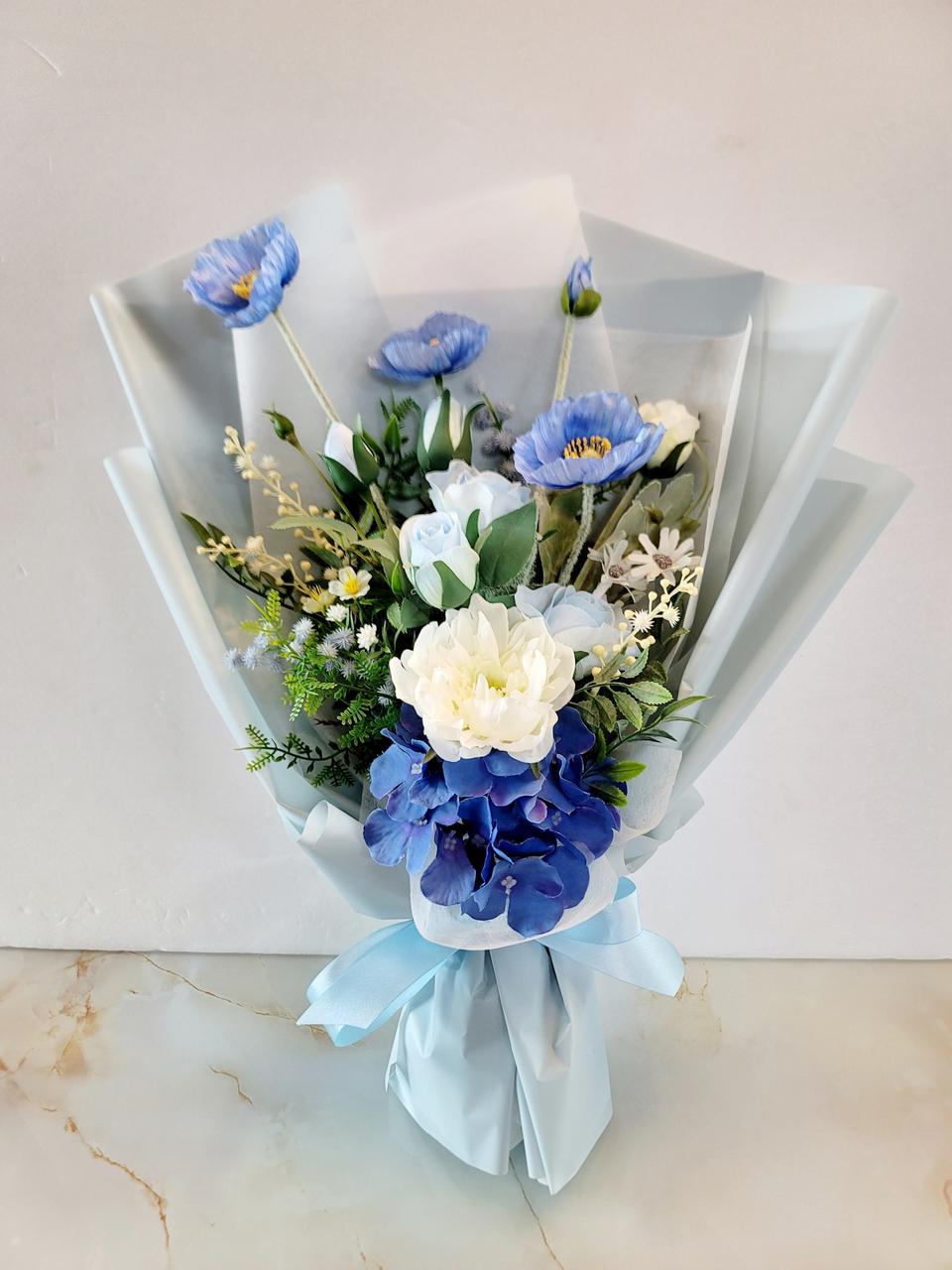 (새상품)블루 조화꽃다발 /인테리어소품