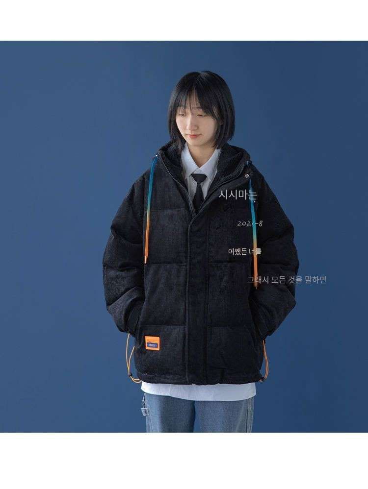 신상 코듀로이 패딩 여 추동 디자인 감각  쇼트 후드 기모 도톰 패