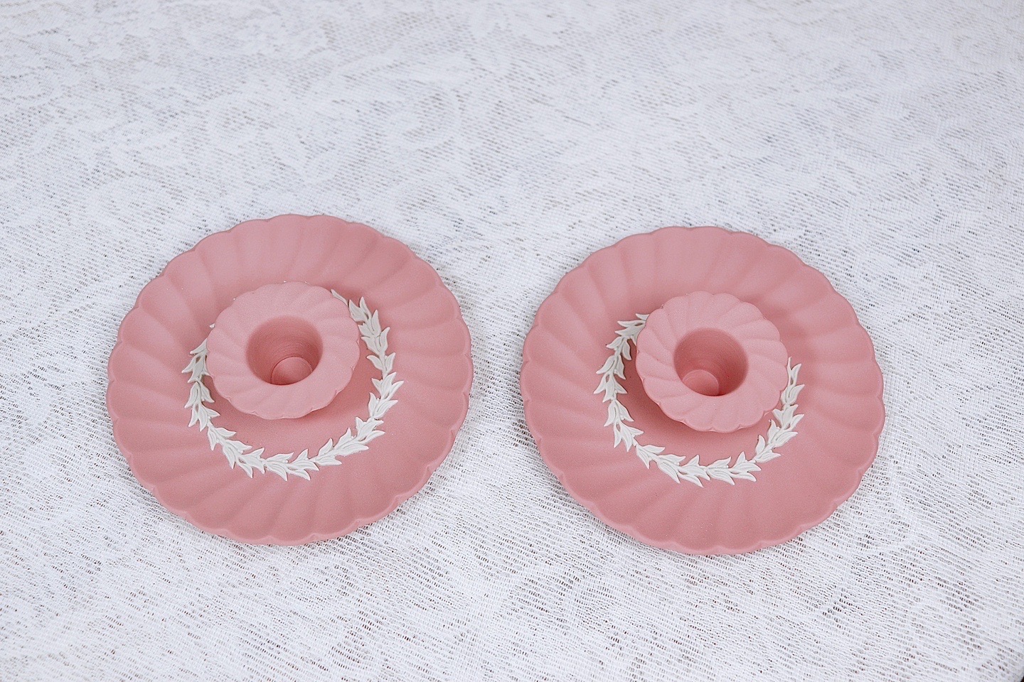 [영국엔틱] 웨지우드 제스퍼웨어 물결 도자기 캔들홀더 1쌍_핑크