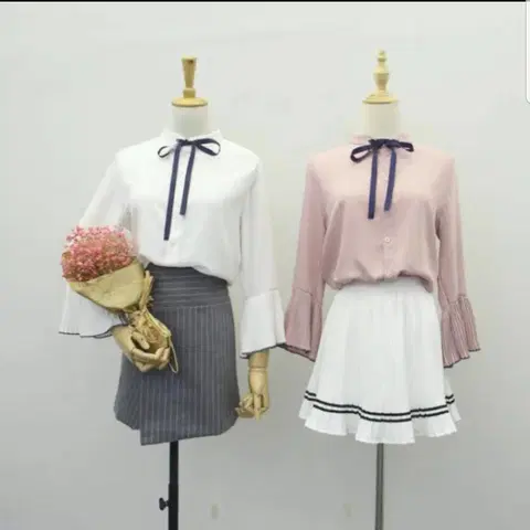 [새상품] 플리츠 소매 리본타이 블라우스 (핑크, 소라)