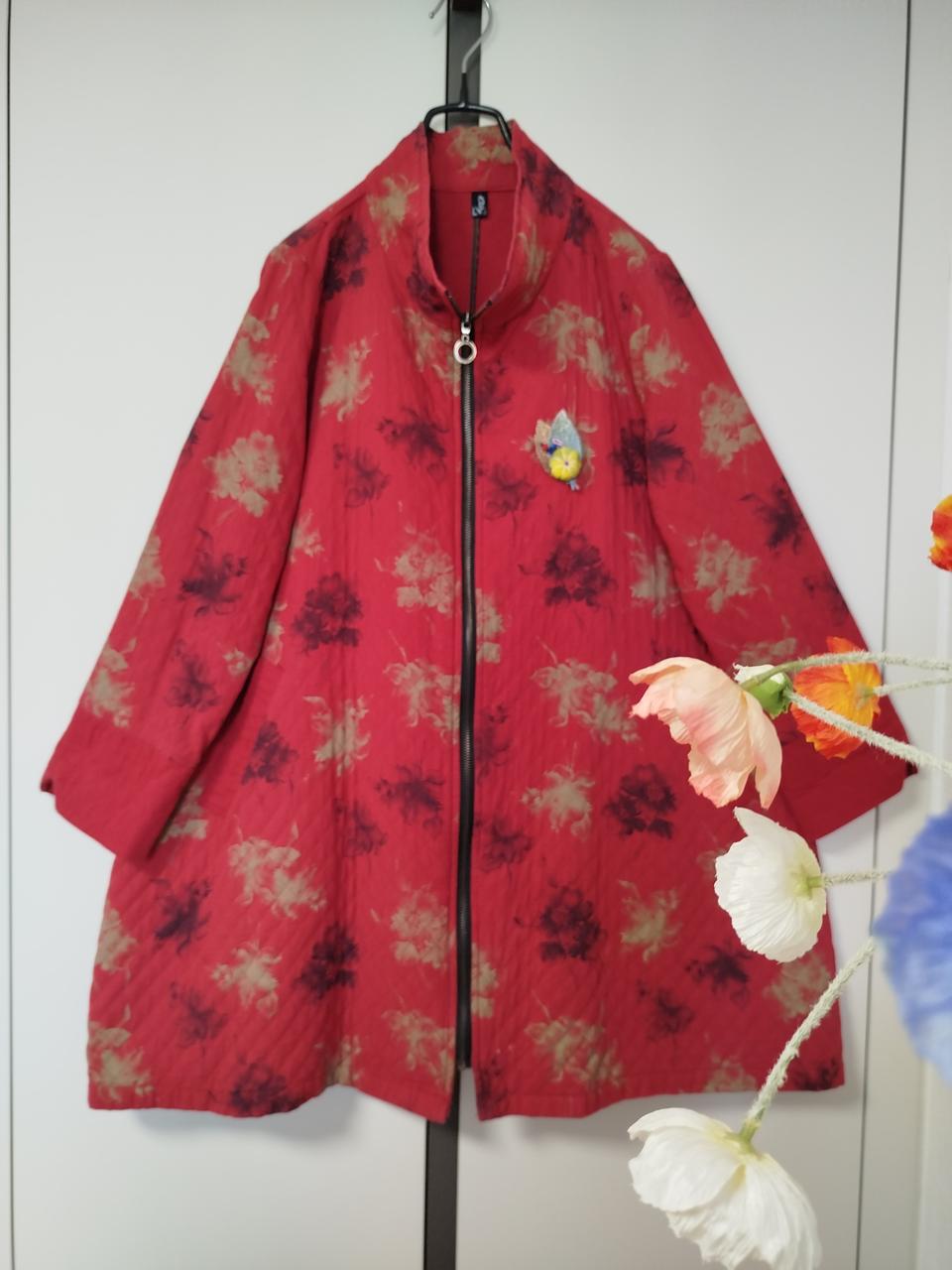 빨강 지누시 나염면 하이넥 자크여밈 A라인 춘추용코트