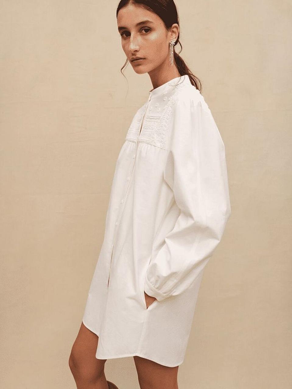 55 텍ㅇ 새상품 마쥬 비즈장식 퍼프소매 셔츠 원피스 롱블라우스 오브제