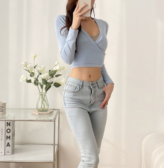 새상품) 여성용 라라온 캐리 랩스타일 스판 시스루 섹시 슬림 긴팔티 셔츠