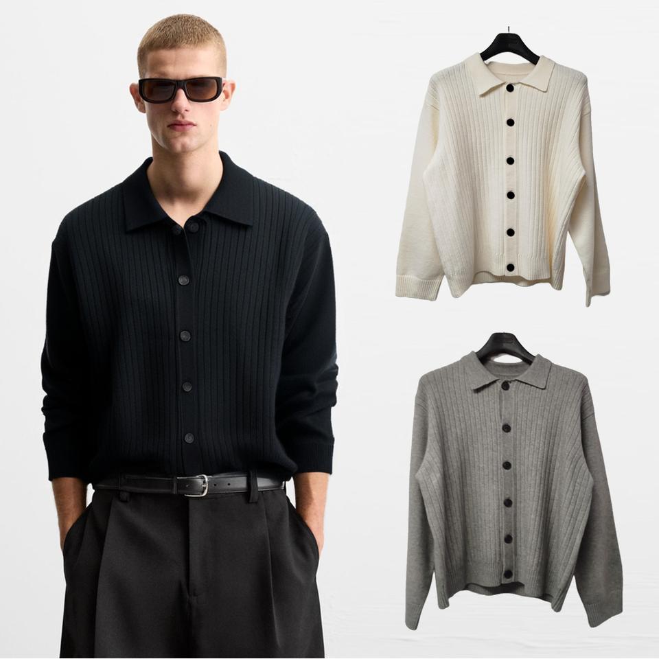 새상품 / 105사이즈 남자 골지패턴 카라 니트 가디건 그레이컬러