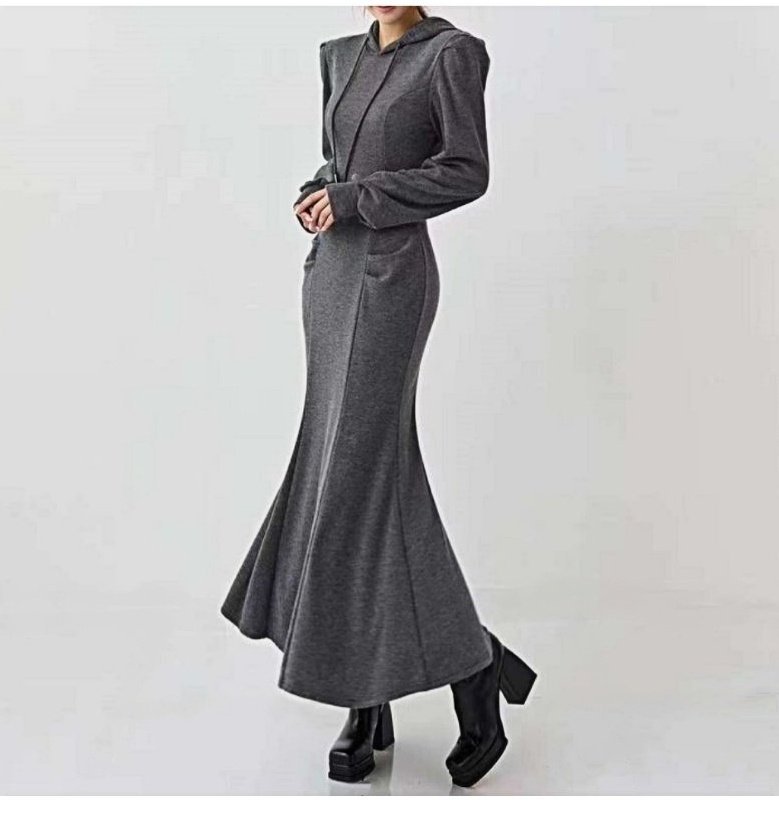 후드 그레이 머메이드 기모 롱원피스