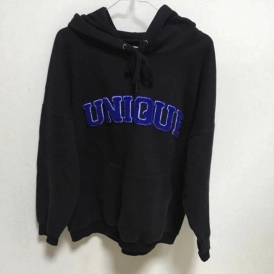 유니크 블랙 기모 후드티