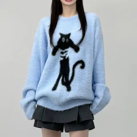 남녀공용 러블리 캣 앙고라 니트 소라색 변우석 니트 남자의류