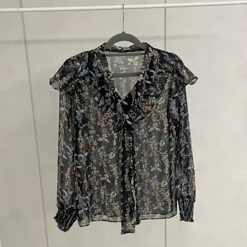 블랙 쉬폰 플라워 시스루 르윗 블라우스 66사이즈