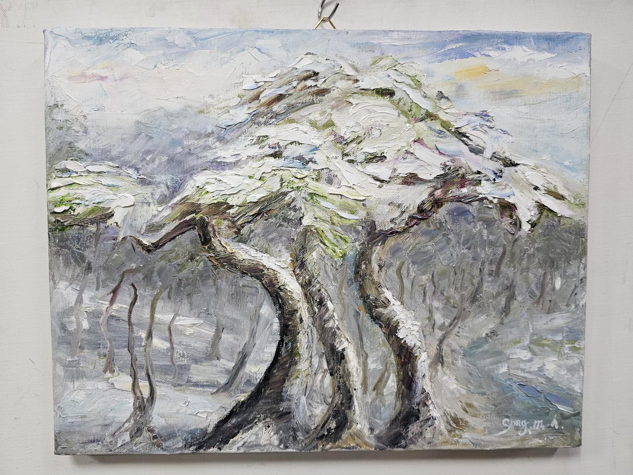 (원화) 6호 캔버스 유화그림 눈 쌓인 소나무 숲 풍경 서양화