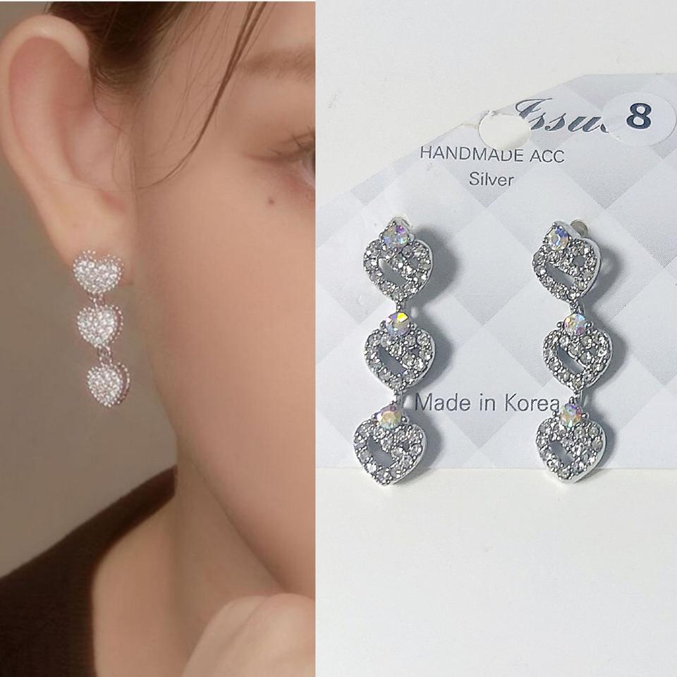 실버 하트 큐빅 3단귀걸이