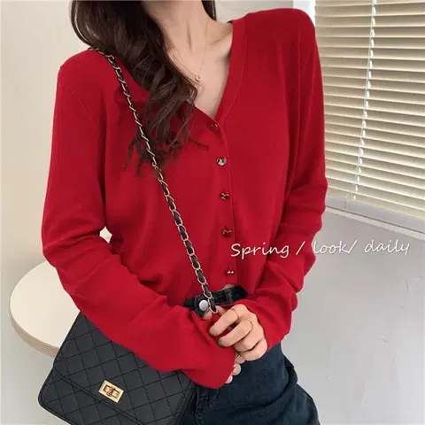 브이넥 하트 단추 가디건