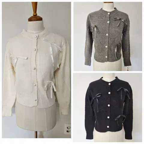 (세일/바배) 진주 단추 리본 장식 퍼프 가디건