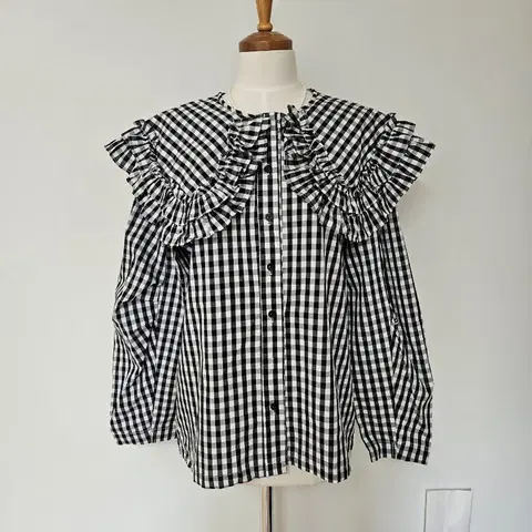 (세일/바배) 프릴 빅카라 체크 오버핏 셔링 셔츠