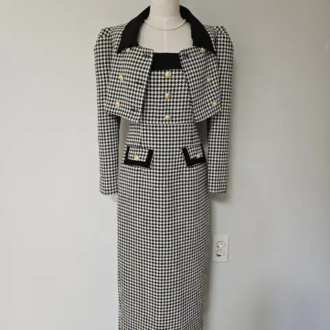 (세일/바배)모직 제비체크 금장단추 원피스 자켓 셋업