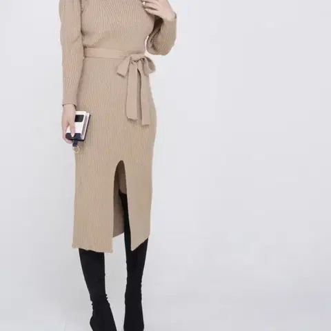 (세일/바배) 앞트임 골지 니트 벨트 롱원피스(블랙,베이지)
