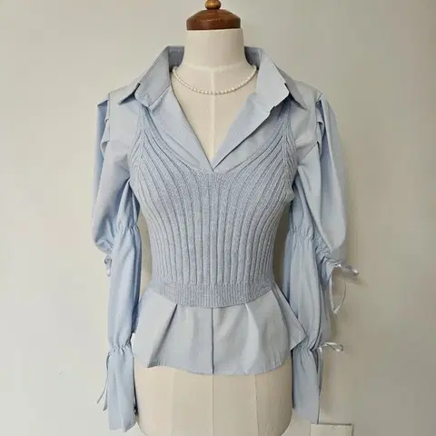 (세일/바배) 소매셔링 리본 니트뷔스티에 세트 블라우스