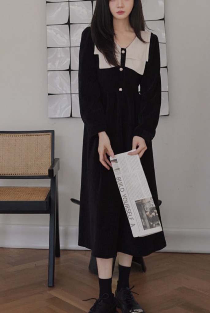 L148진주단추골덴원피스