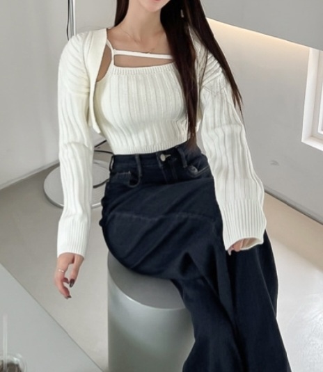 골지 니트 볼레로 사선 나시 가디건 세트