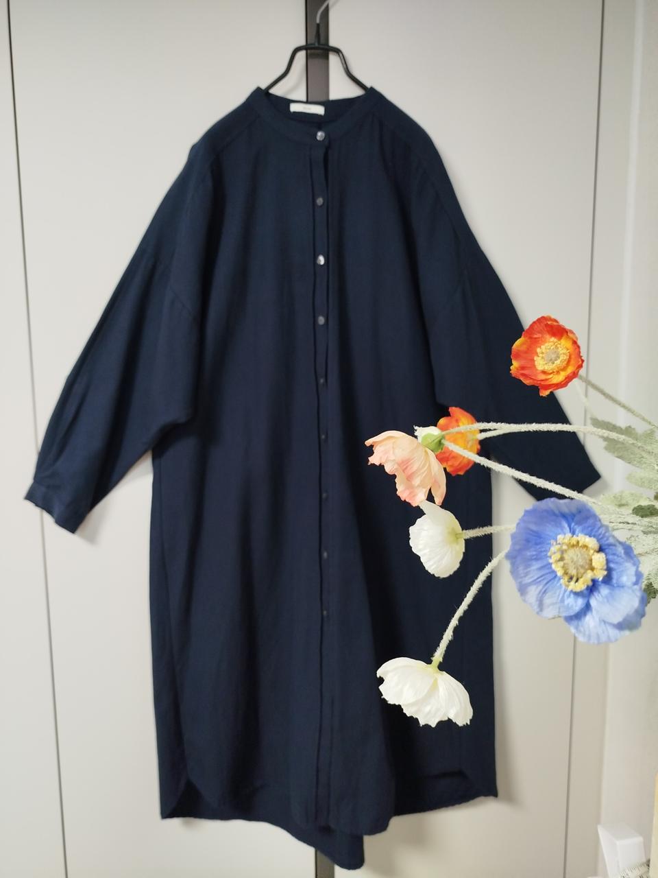 빅사이즈 오버핏 네이비 면 편한 어깨 뒷등주름 헨리 넥 롱 원피스