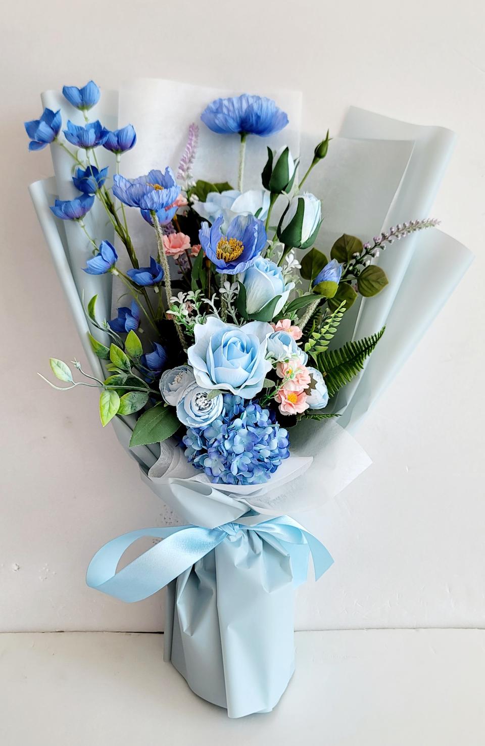 (새상품)고급  블루 조화꽃다발/인테리어소품/생일