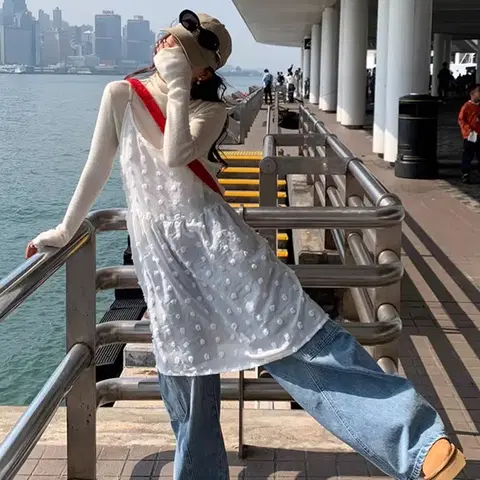 NE189)2컬러 도트 플라워 퐁퐁이 시스루 끈나시 미디 원피스 꾸안꾸룩