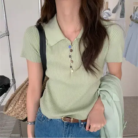 NE183)4컬러 지그재그 컬러 버튼 셔링 골지 카라 반팔 니트 꾸안꾸룩