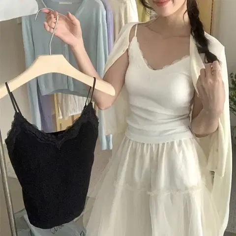 NE184)3컬러 캡내장 브이넥 레이스 골지 끈나시 데일리룩 꾸안꾸룩