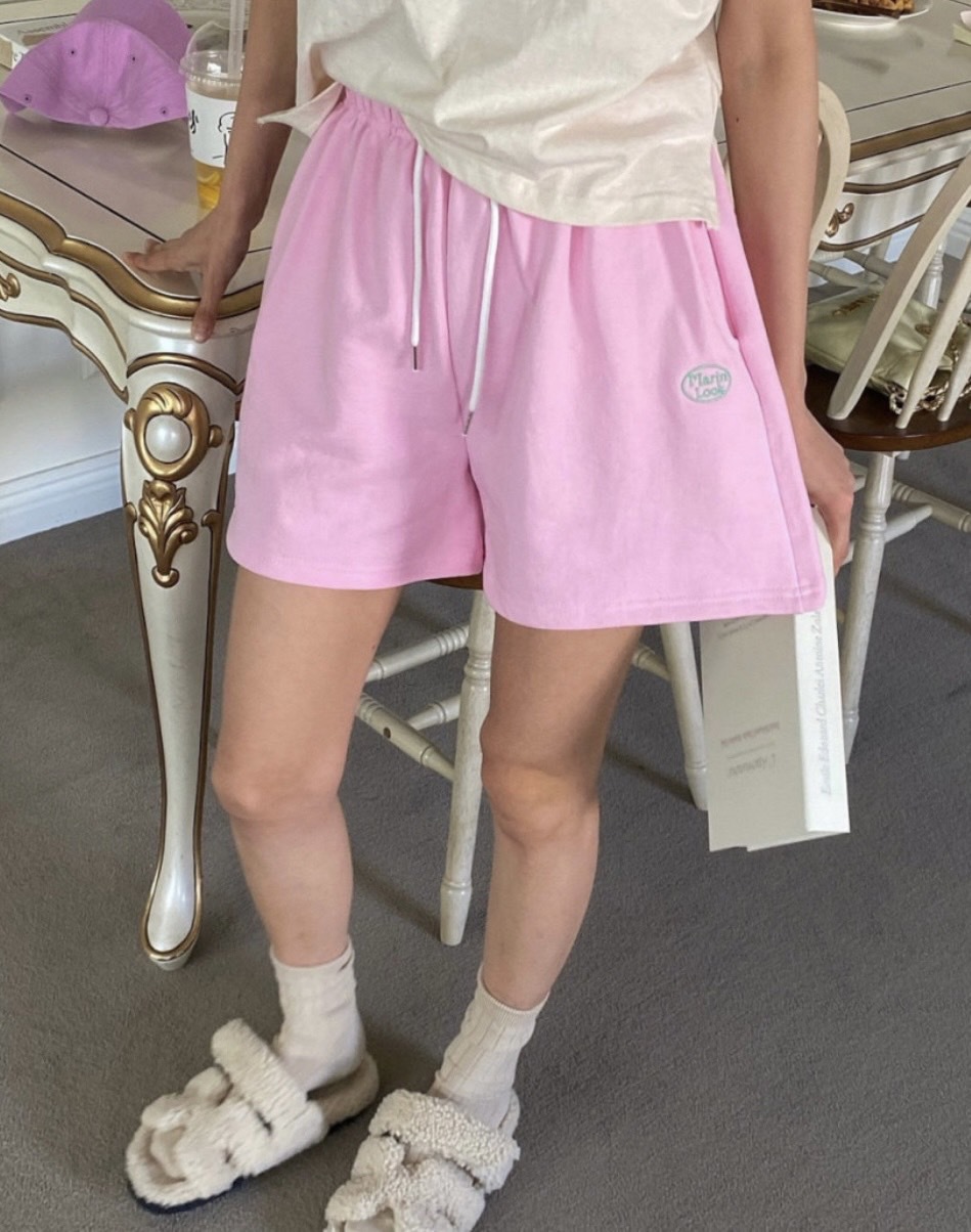 핑크 면 트레이닝 반바지 밴딩 팬츠