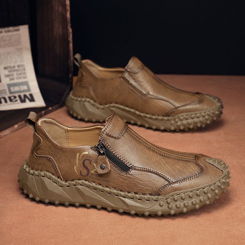 남성 슬립온 고급 소가죽 캐주얼 등산화 미끄럼방지 스니커즈