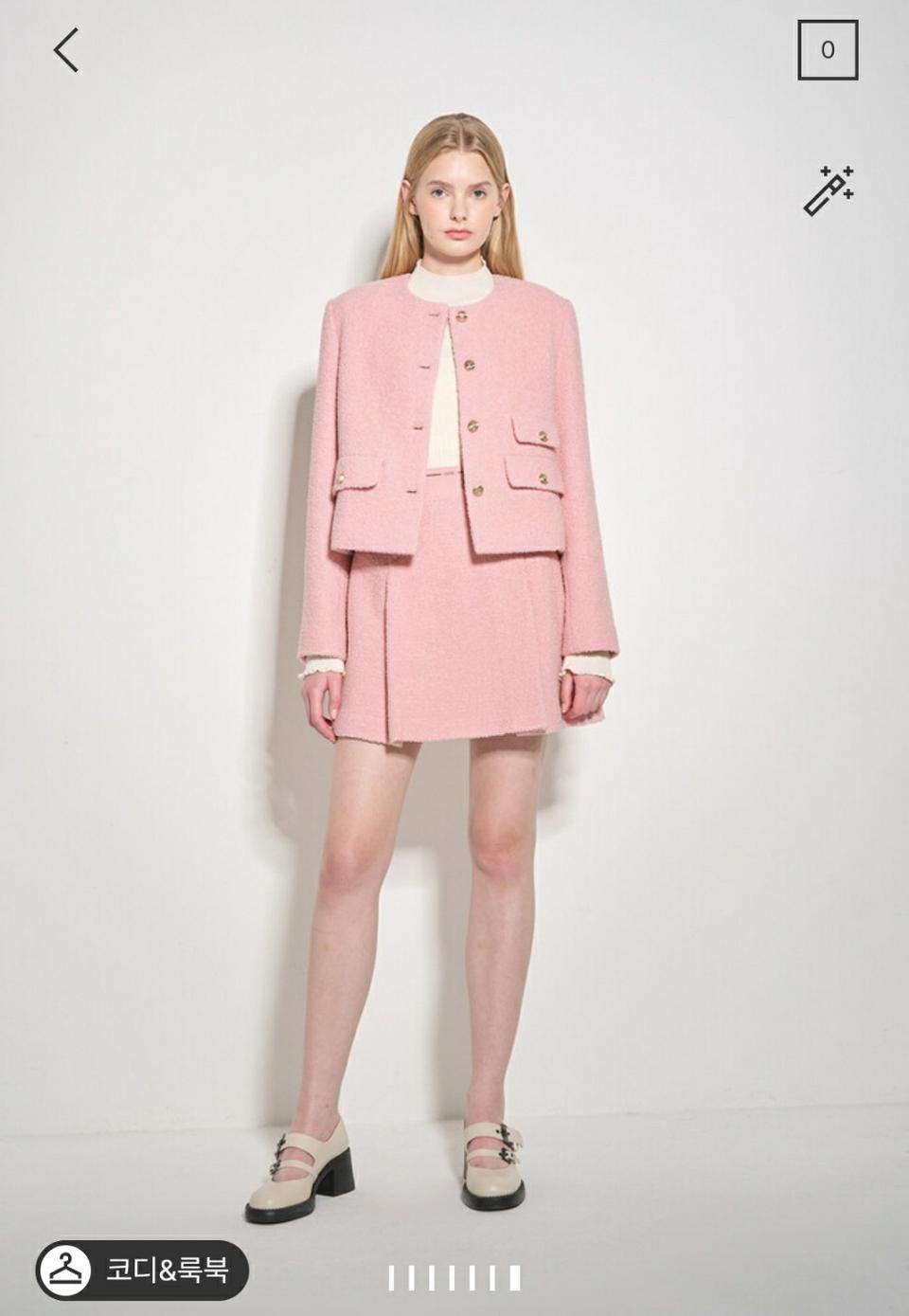 한섬 오즈세컨 울 블렌드 칼라리스 부클 자켓+스커트 투피스 세트/55