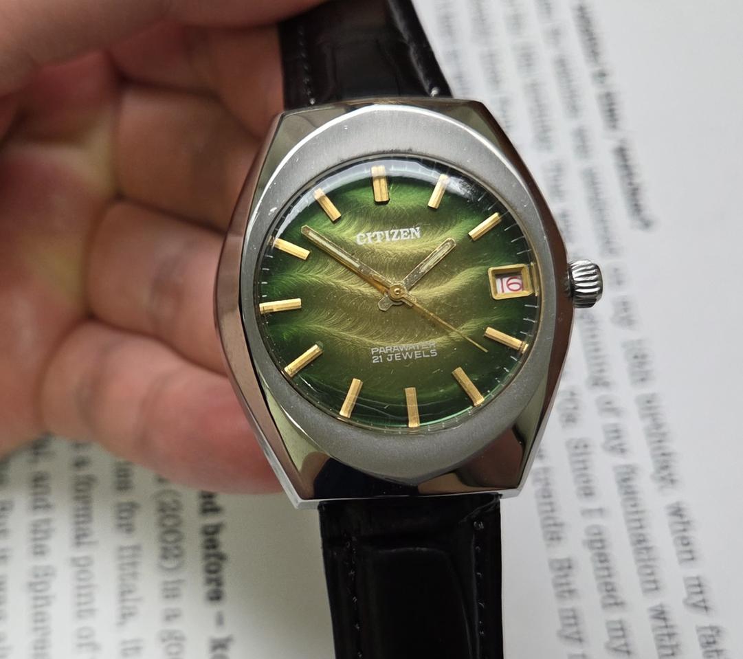 빈티지 시티즌 파라워터 유광 그린다이얼 쿠션형 점보 수동 메커니컬