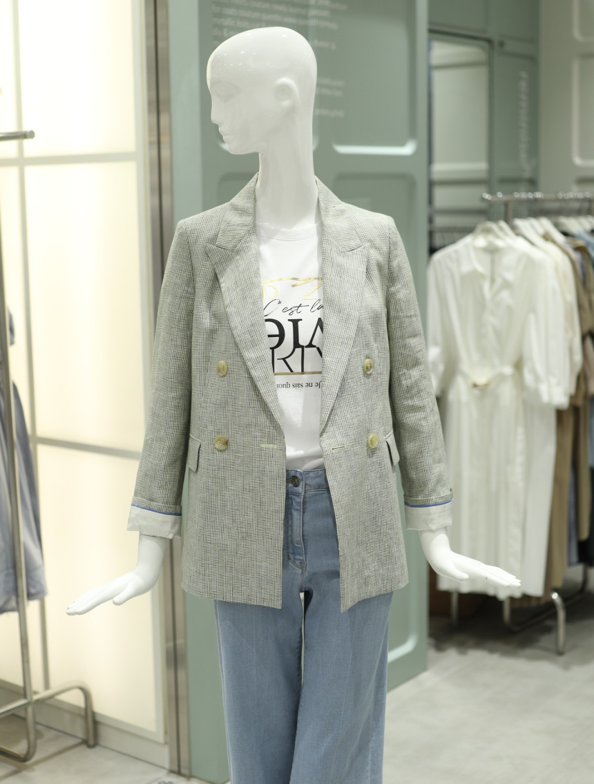 [새상품] 쥬크 체크 린넨 더블 자켓 그린 55 정가 359,000원