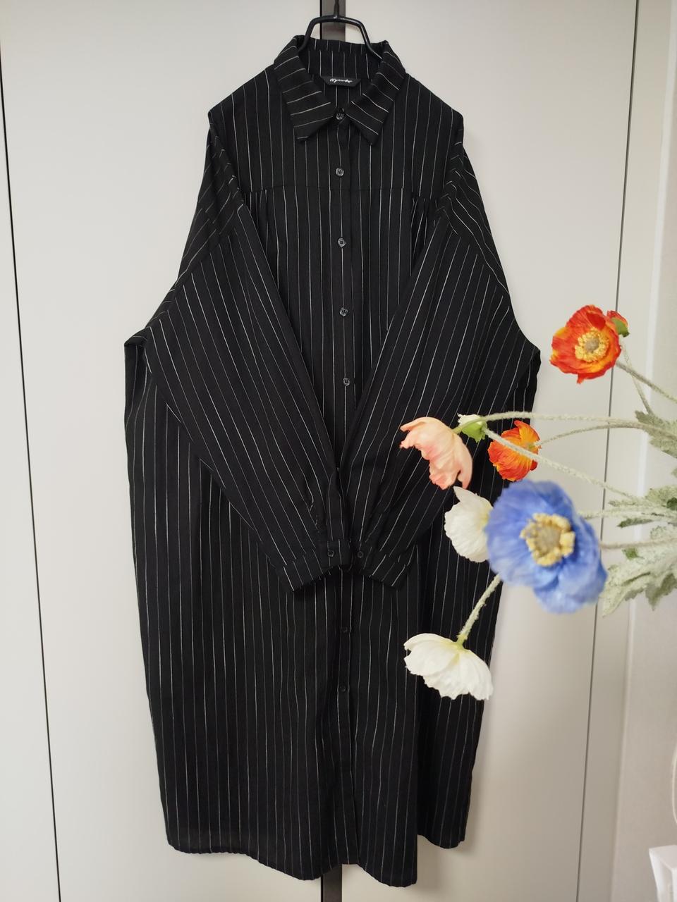 빅사이즈 오버핏 블랙바탕 흰줄이 스트라이프 깔끔 롱남방원피스