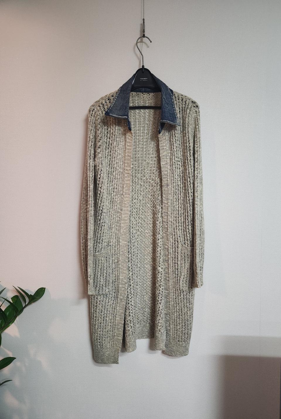 데님 카라 배색 니트 롱가디건