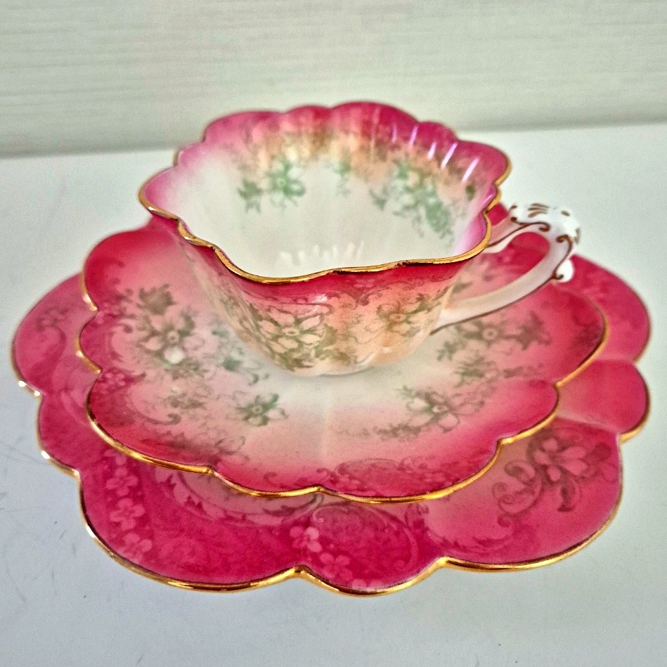 앤틱 와일만 폴리 핑크 엠파이어 쉐입 찻잔 소서 플레이트 트리오 세트