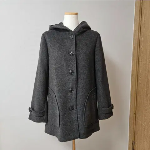 일브 Shoo La Rue 차콜 그레이 후드 울 코트 L 양산형 지뢰계