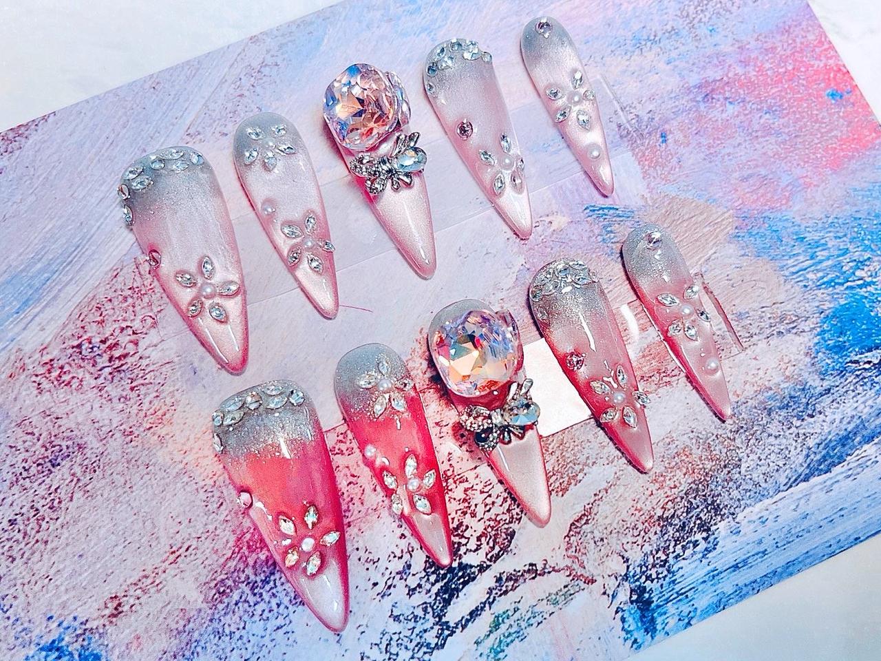 화려한 핑크 그라데이션 네일 (M)