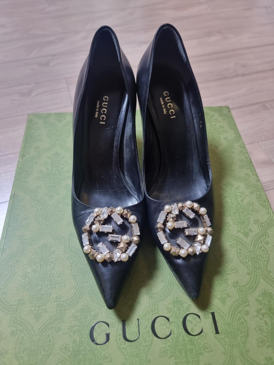 정품)구찌 블랙 진주비즈 마몬트 여성 하이힐 구두 225