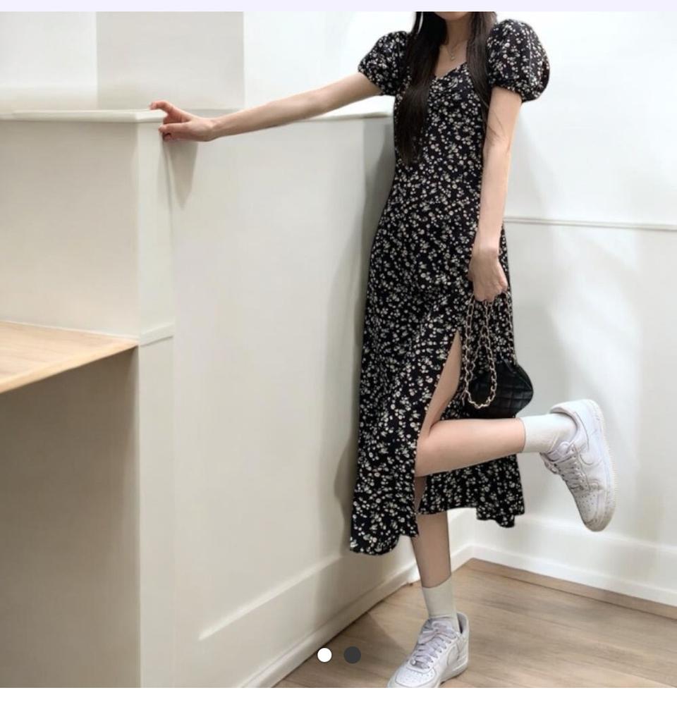 비치원피스 트임 여름 플라워 셔링 반팔 어깨퍼프 롱원피스