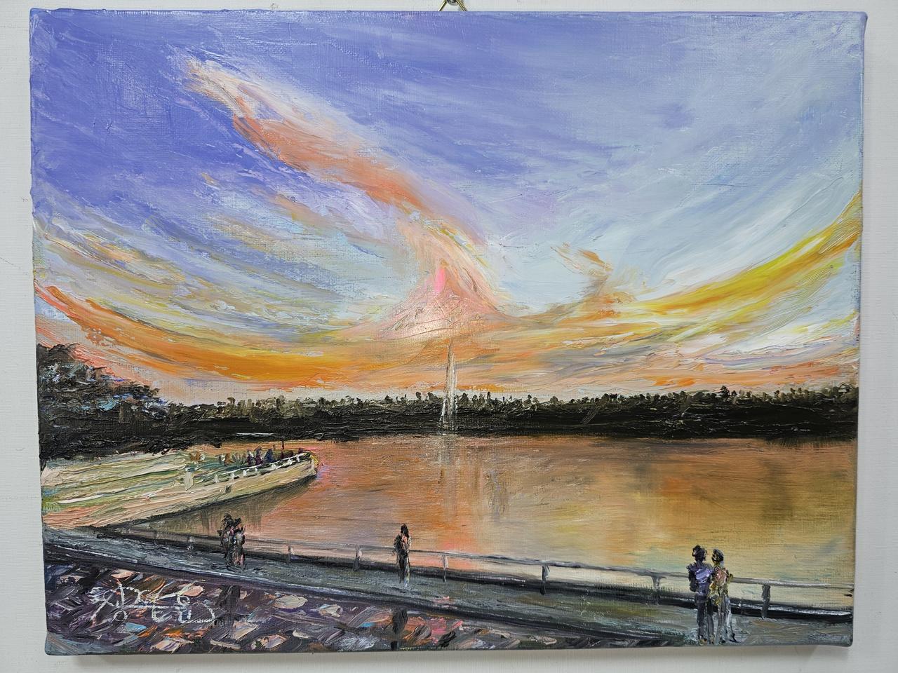 원화) 6호 캔버스 유화그림 일산 호수 공원 석양 서양화