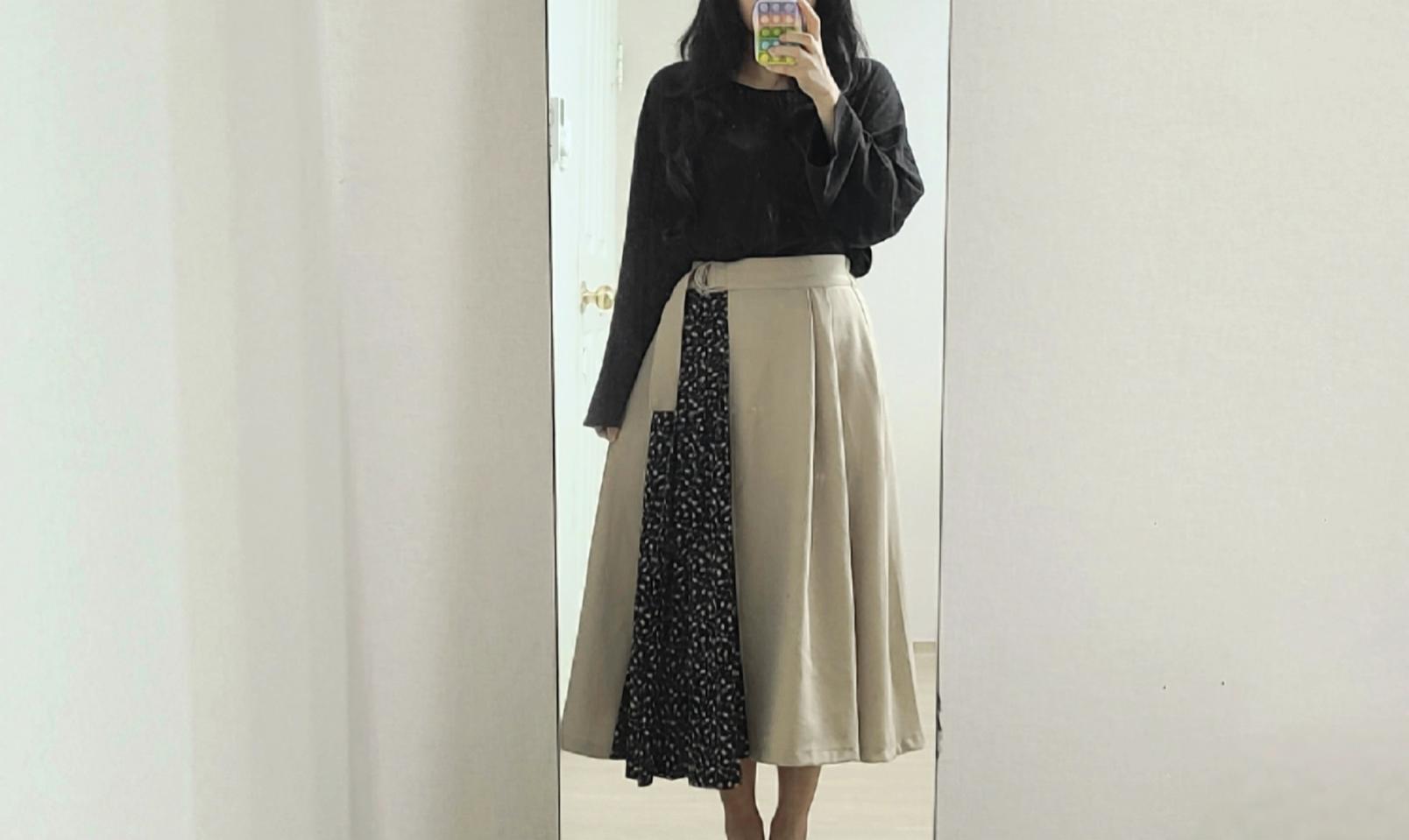 벨트 Style 뒷밴딩 플레어 롱 스커트