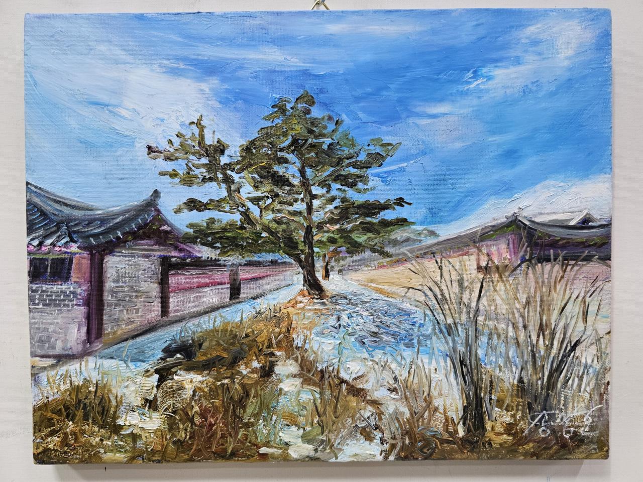 (원화) 6호 캔버스 유화그림 일산 경복궁 후원길 석양 서양화