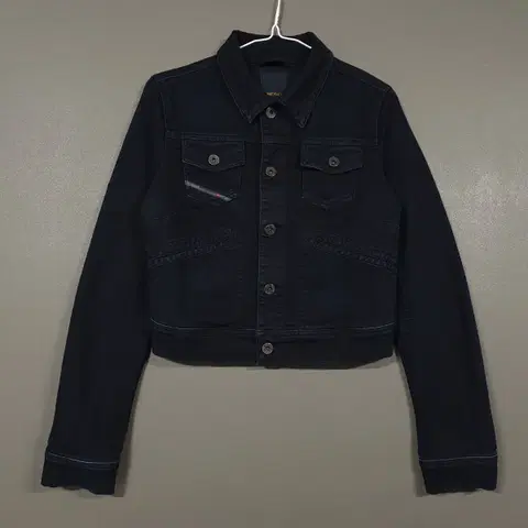 여성 S (90) 디젤 포켓 워싱 코튼 흑청 데님 트러커 자켓 블랙