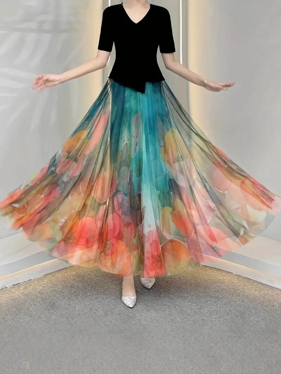 (댄스복) 플라워 패턴 롱 스커트 새상품