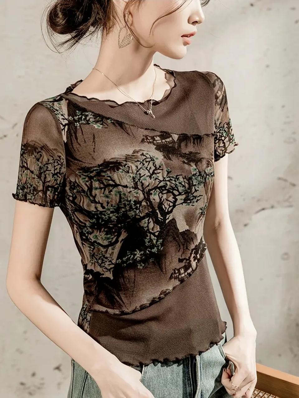 (댄스복)프린팅 시스루 티셔츠 새상품