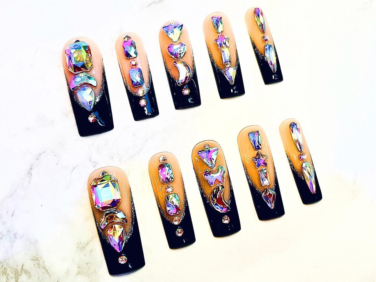 섹시 앙큼 블랙&AB크리스탈 수제 네일팁