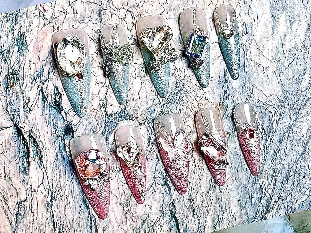 화려한 파츠 투톤 민트&핑크 펄 네일 (L)