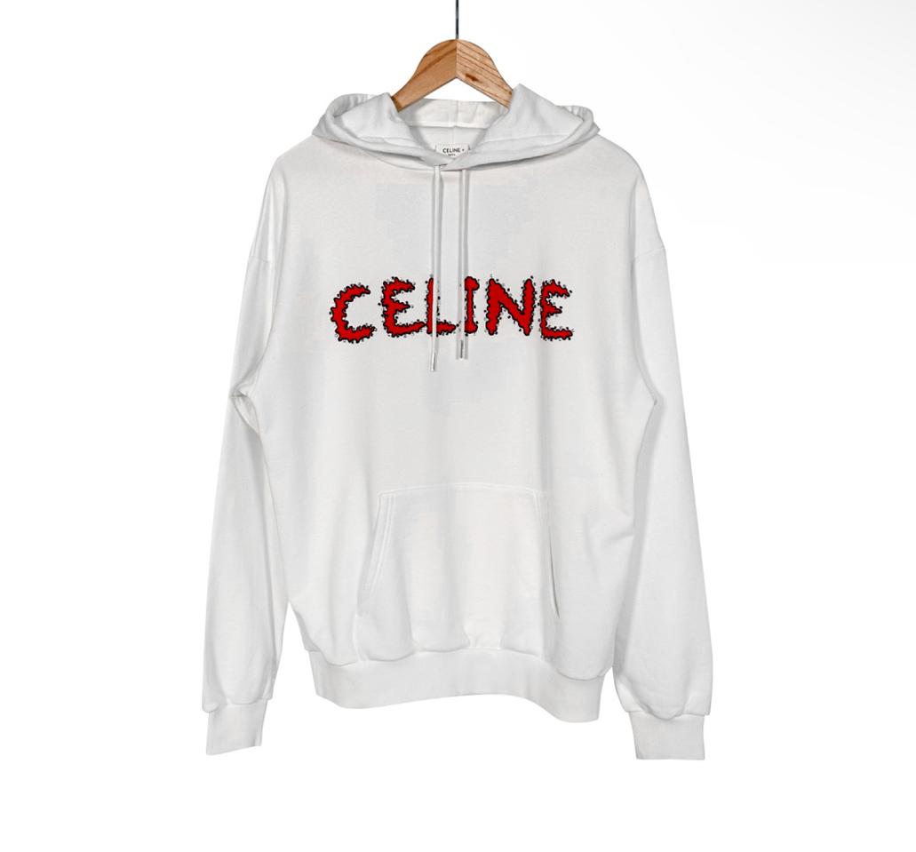 [M] Celine 셀린느 코튼 플리스 라인스톤 후드 티셔츠 오프 화이트