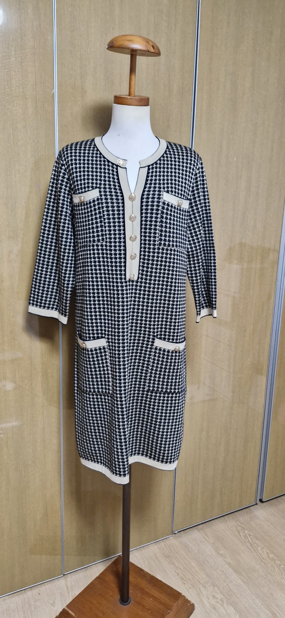 고급진 하운드 체크 니트 원피스 55~66