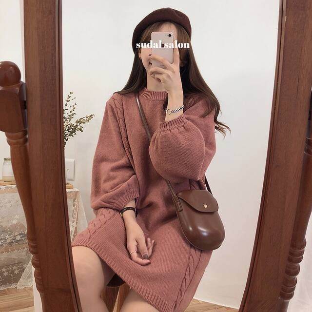 새상품) 수달쌀롱 핑크 벌룬 니트 원피스 (울 60%) 제이블린